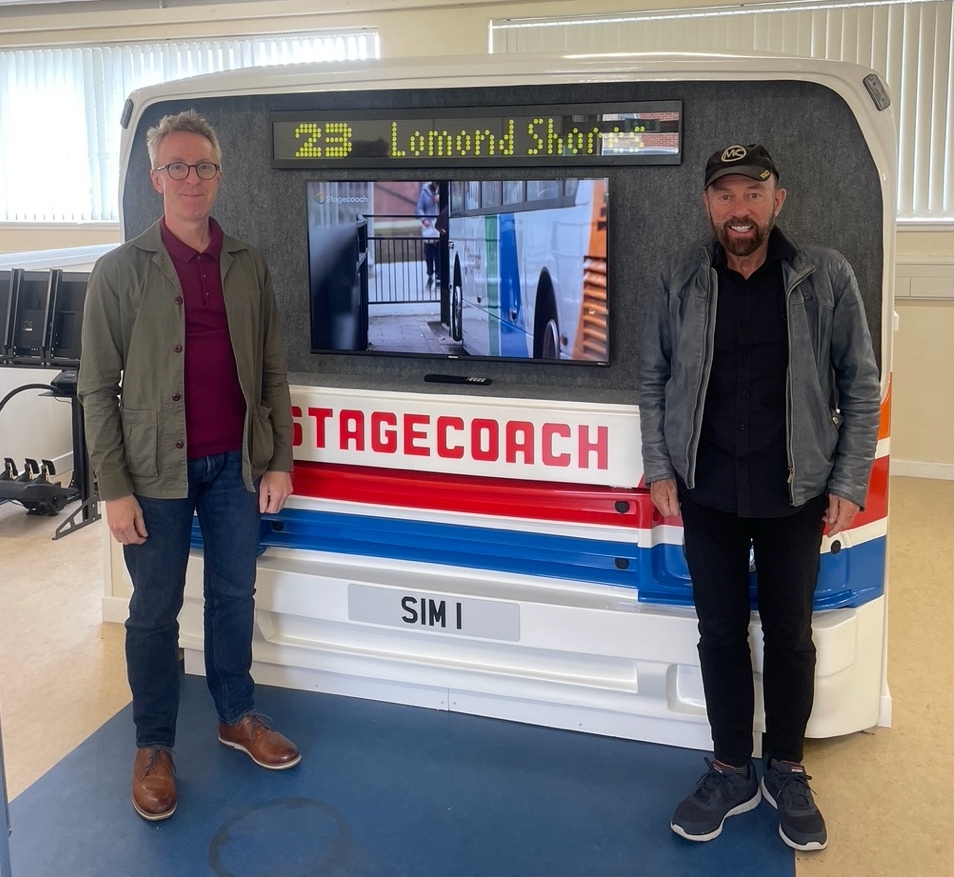 High-tech arrival … GVVT chairman Steven Booth and Sir Brian Souter launch the SIM 1 simulator