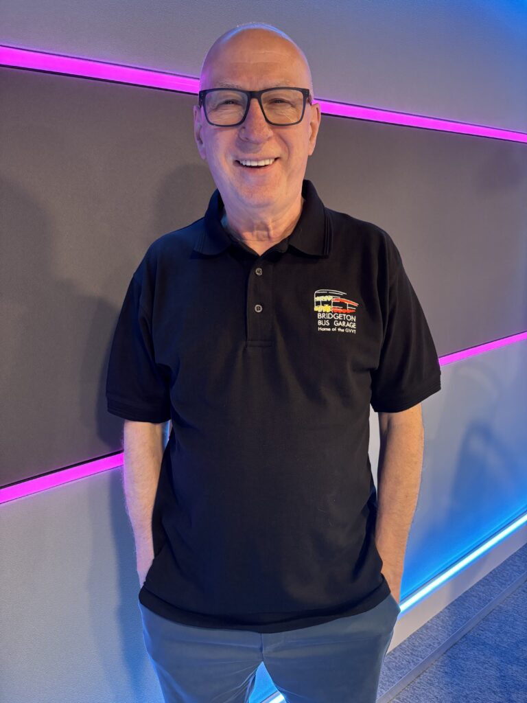 Ken Bruce wearing his GVVT Bridgeton Bus Garage Polo Shirt
