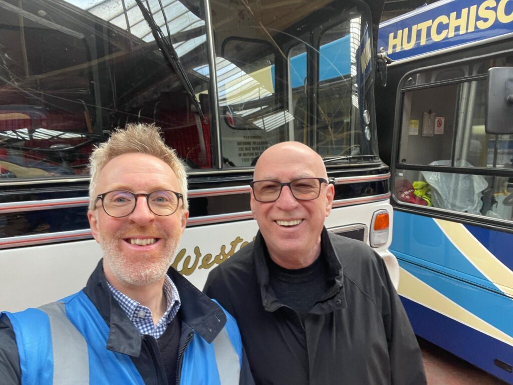 Ken Bruce meets GVVT Chairman Steven Booth at Bridgeton Bus Garage April Open Sunday
